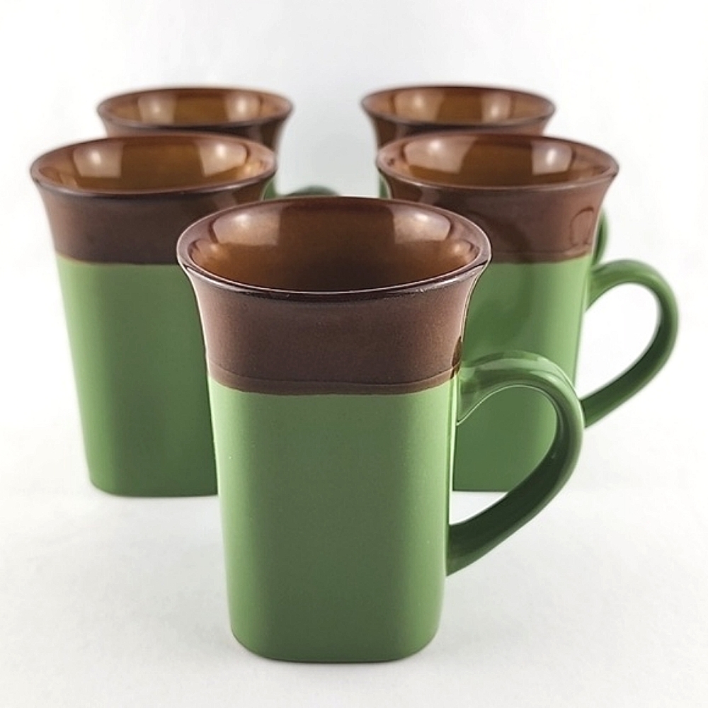 Royal Norfolk Set of 5 Green and Brown Two-Tone Square Ceramic Mugs